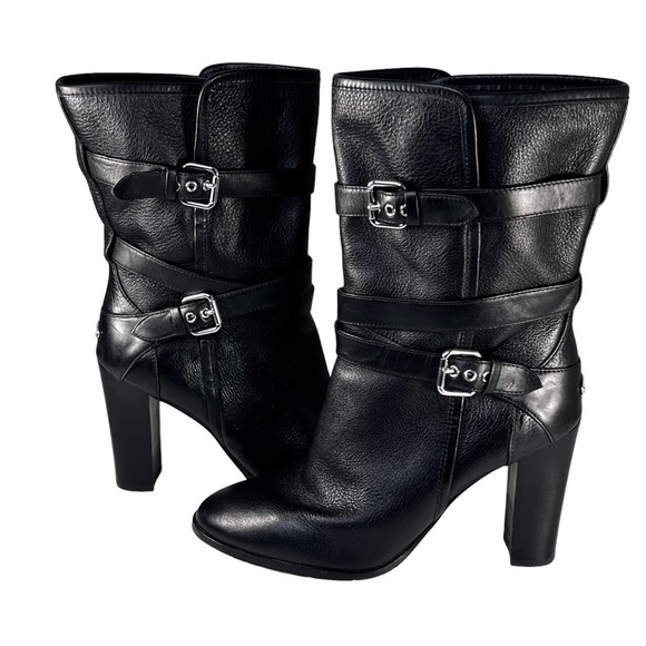 Coach Womens 9 Alexandra Black Leather Mid Calf Heeled Boots Buckle Booties - Picture 1 of 13